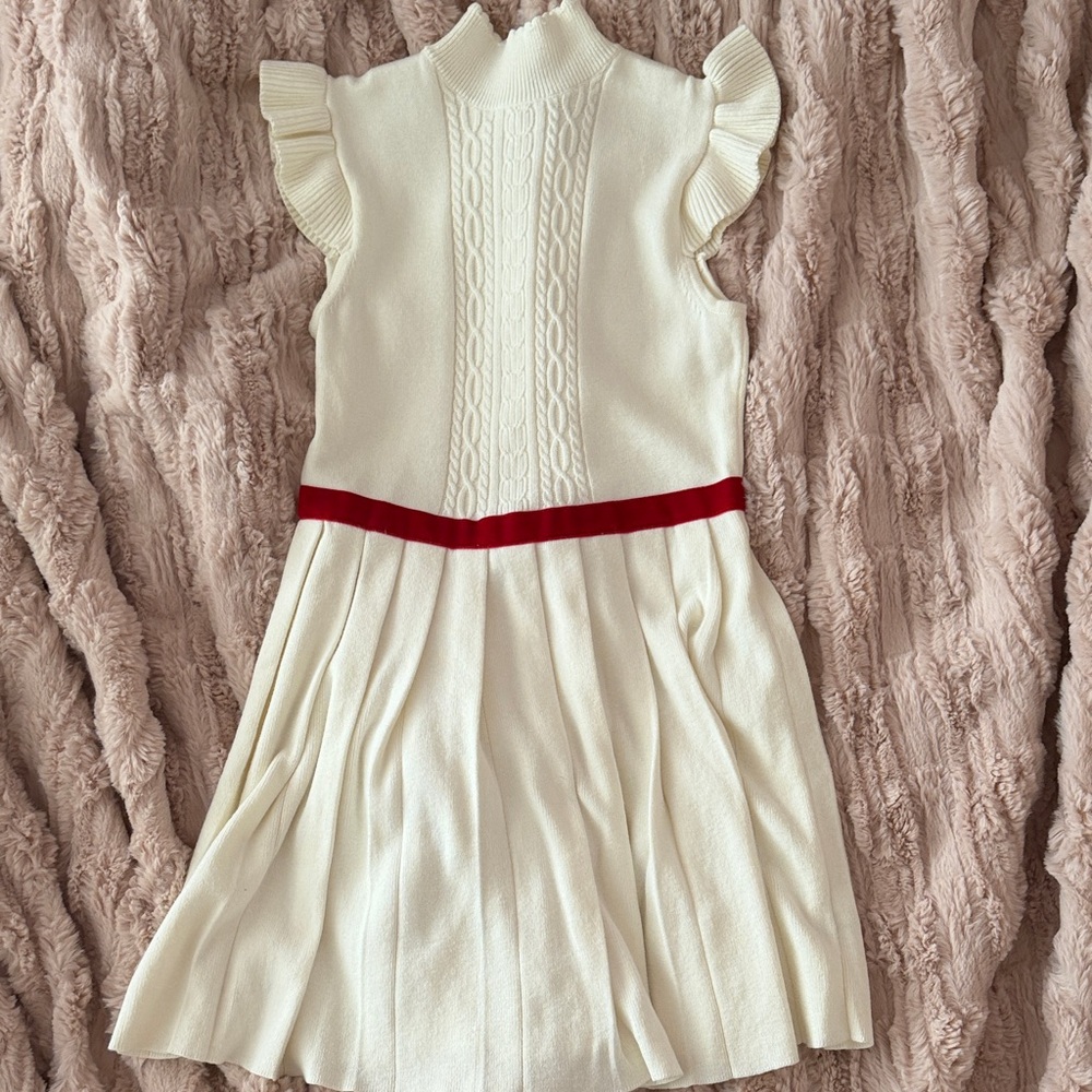 Janie and Jack Cream Knit Dress with Red Waistband
